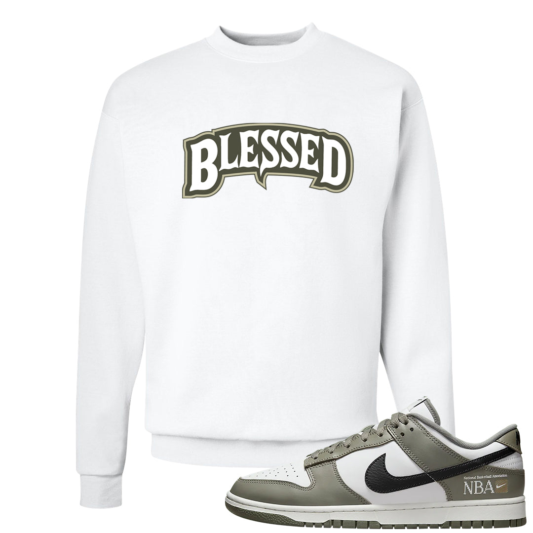 Muted Olive Grey Low Dunks Crewneck Sweatshirt | Blessed Arch, White