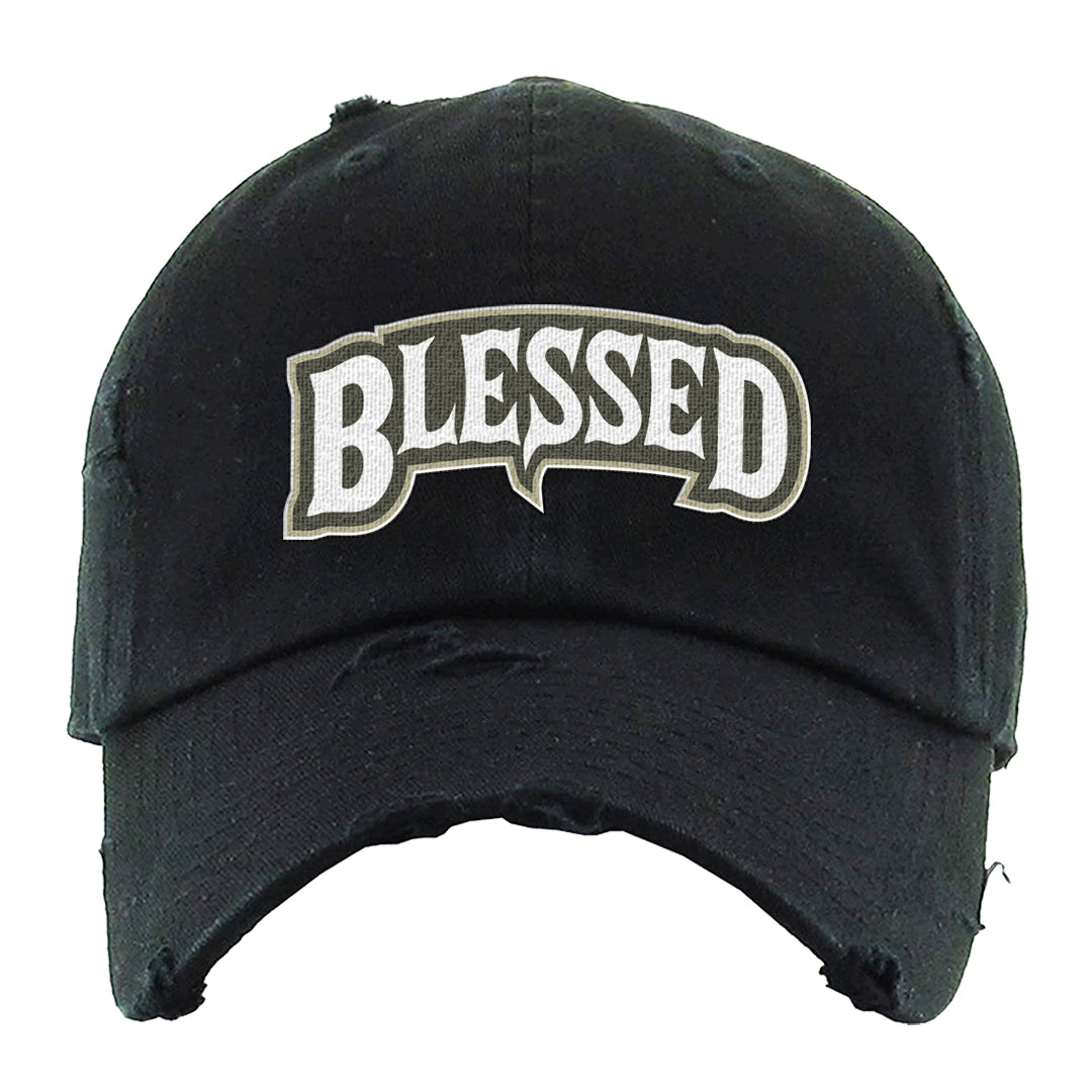 Muted Olive Grey Low Dunks Distressed Dad Hat | Blessed Arch, Black