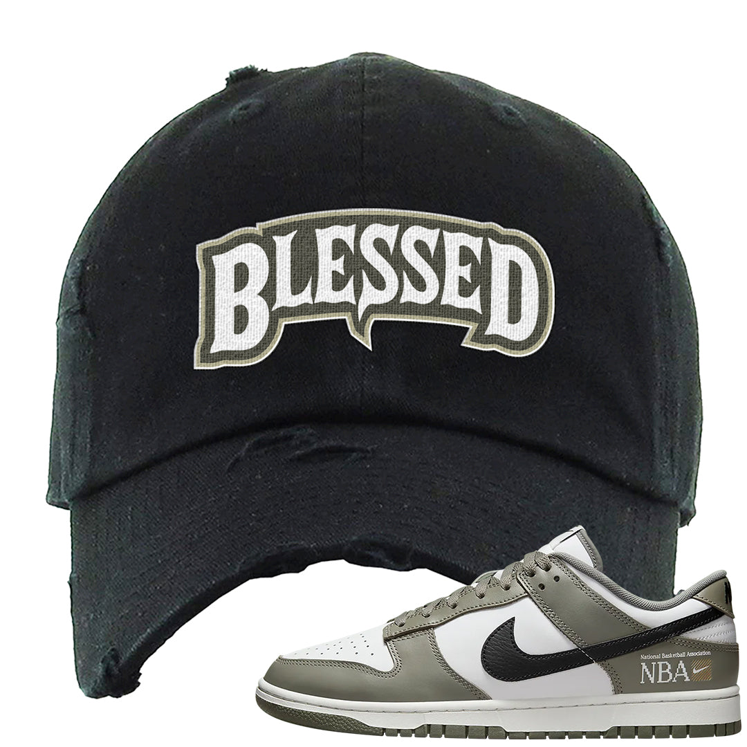 Muted Olive Grey Low Dunks Distressed Dad Hat | Blessed Arch, Black