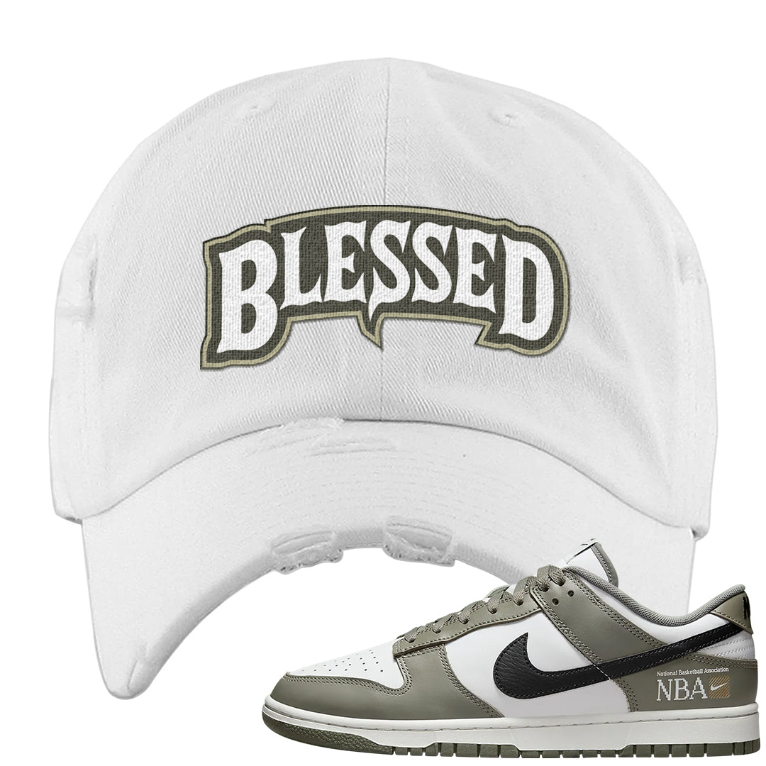 Muted Olive Grey Low Dunks Distressed Dad Hat | Blessed Arch, White