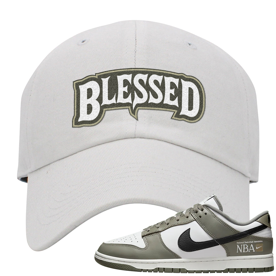 Muted Olive Grey Low Dunks Dad Hat | Blessed Arch, White