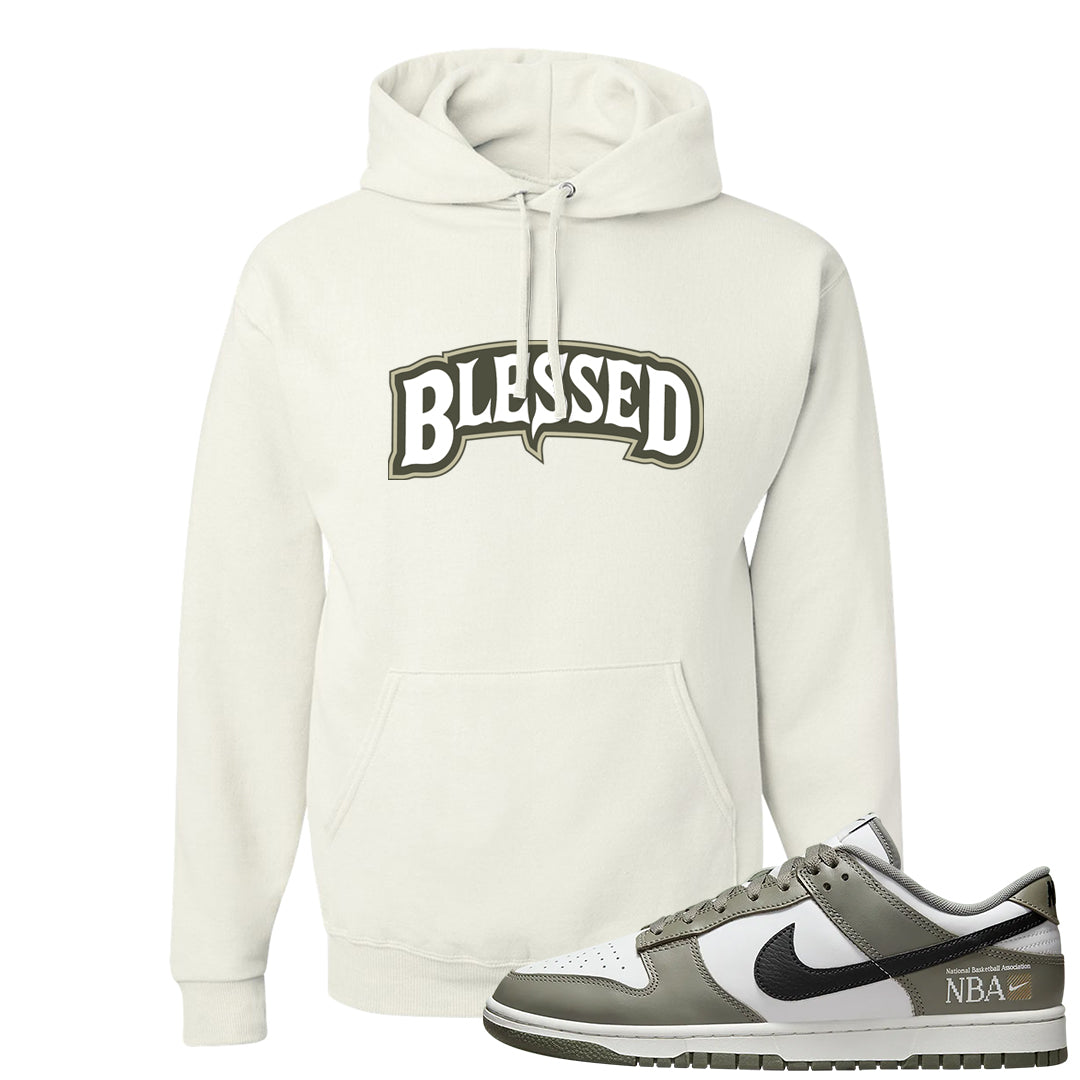 Muted Olive Grey Low Dunks Hoodie | Blessed Arch, White