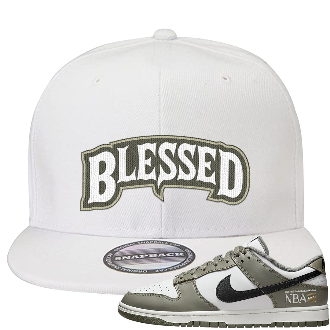 Muted Olive Grey Low Dunks Snapback Hat | Blessed Arch, White