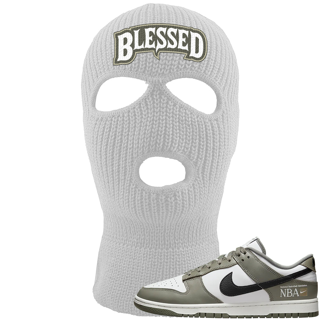 Muted Olive Grey Low Dunks Ski Mask | Blessed Arch, White