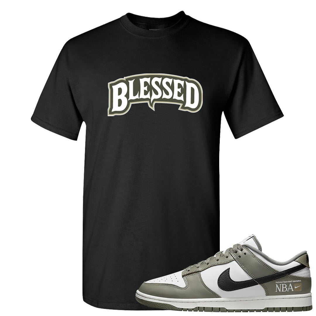 Muted Olive Grey Low Dunks T Shirt | Blessed Arch, Black