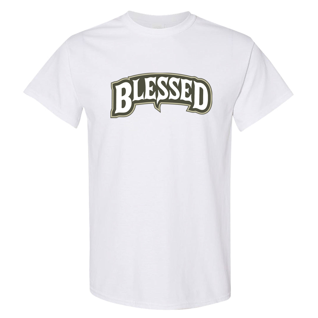 Muted Olive Grey Low Dunks T Shirt | Blessed Arch, White