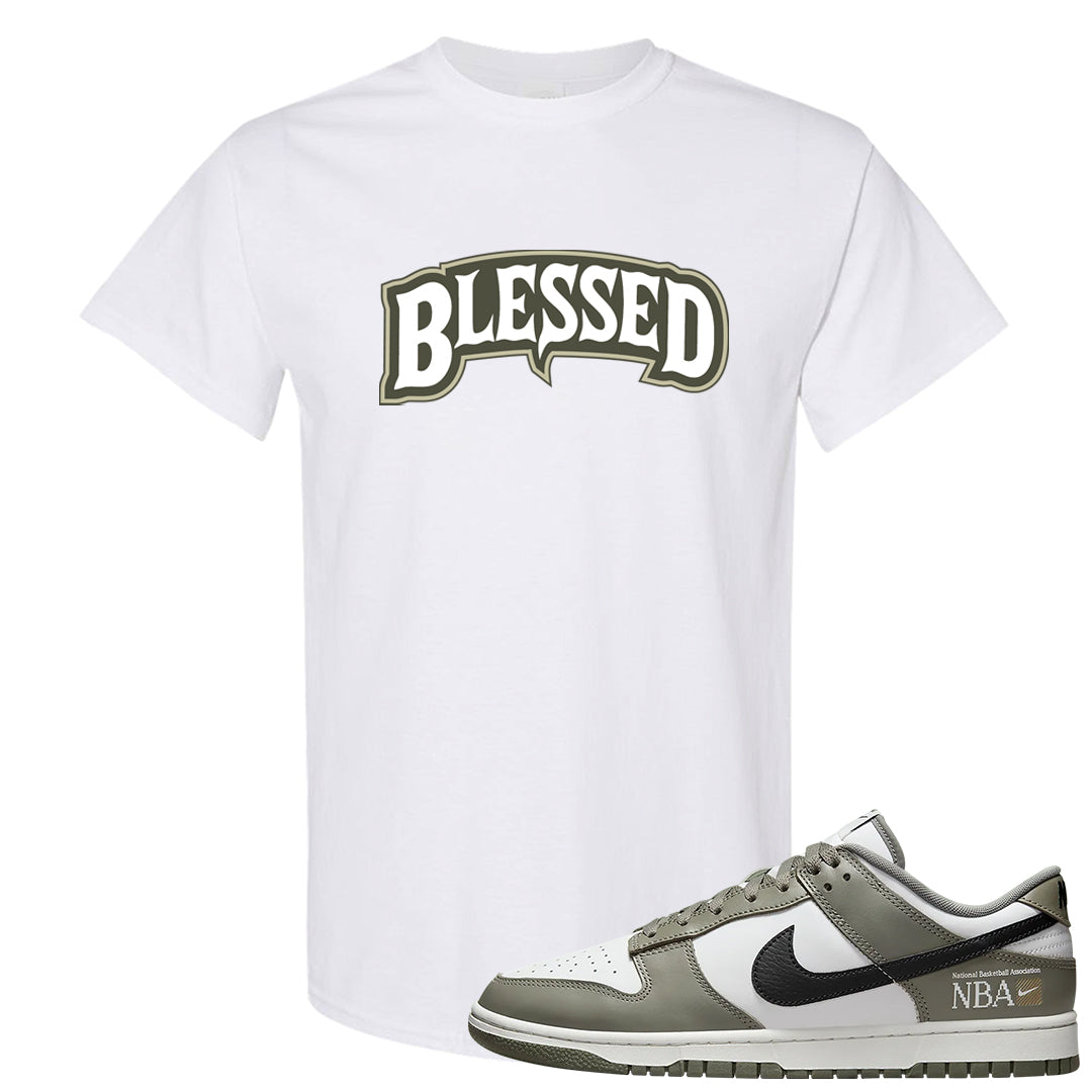 Muted Olive Grey Low Dunks T Shirt | Blessed Arch, White