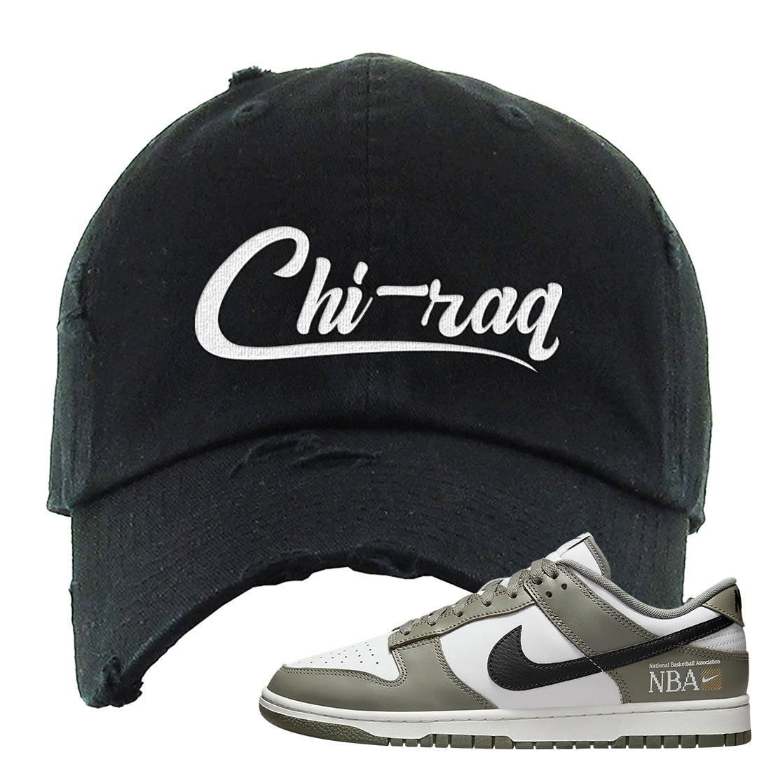 Muted Olive Grey Low Dunks Distressed Dad Hat | Chiraq, Black