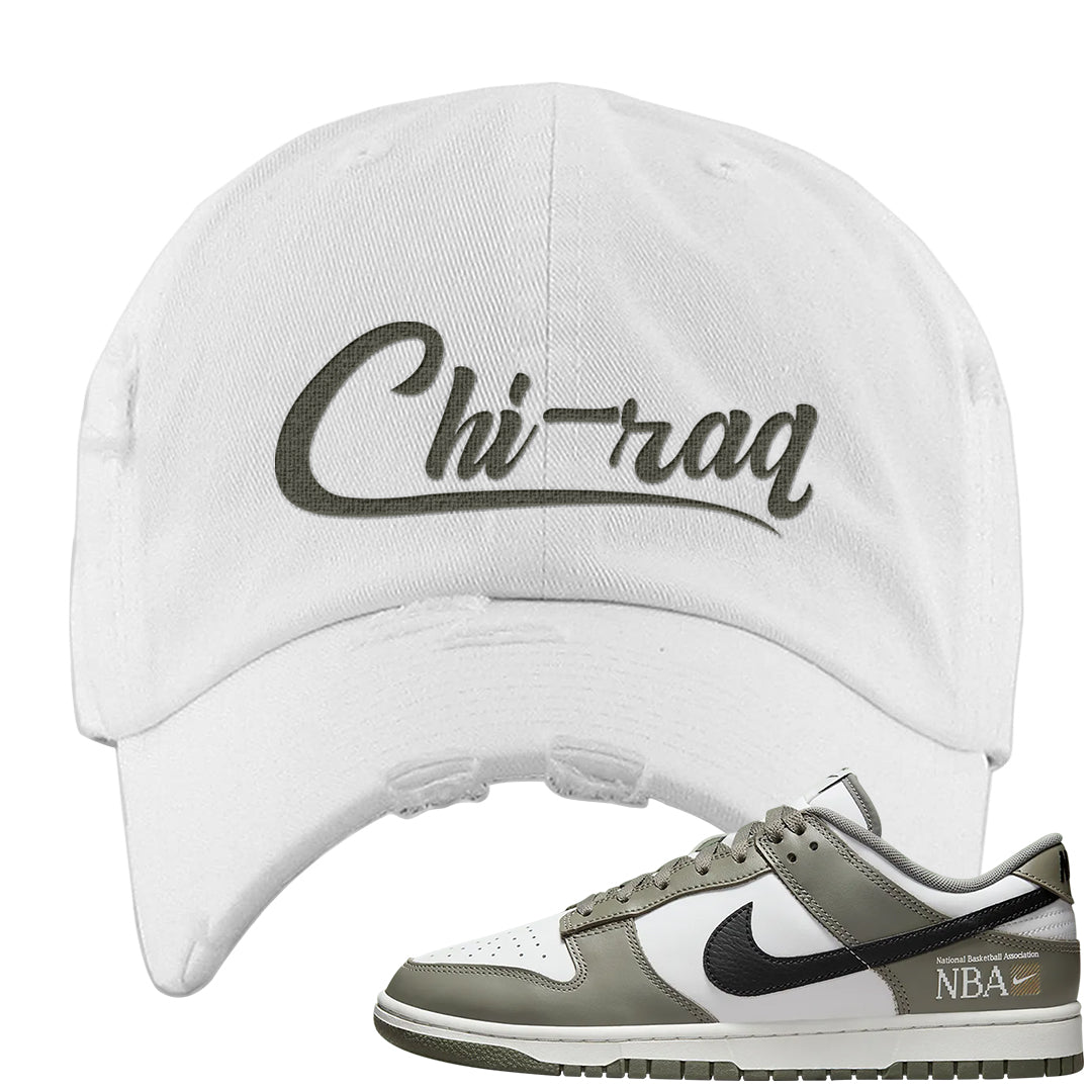 Muted Olive Grey Low Dunks Distressed Dad Hat | Chiraq, White