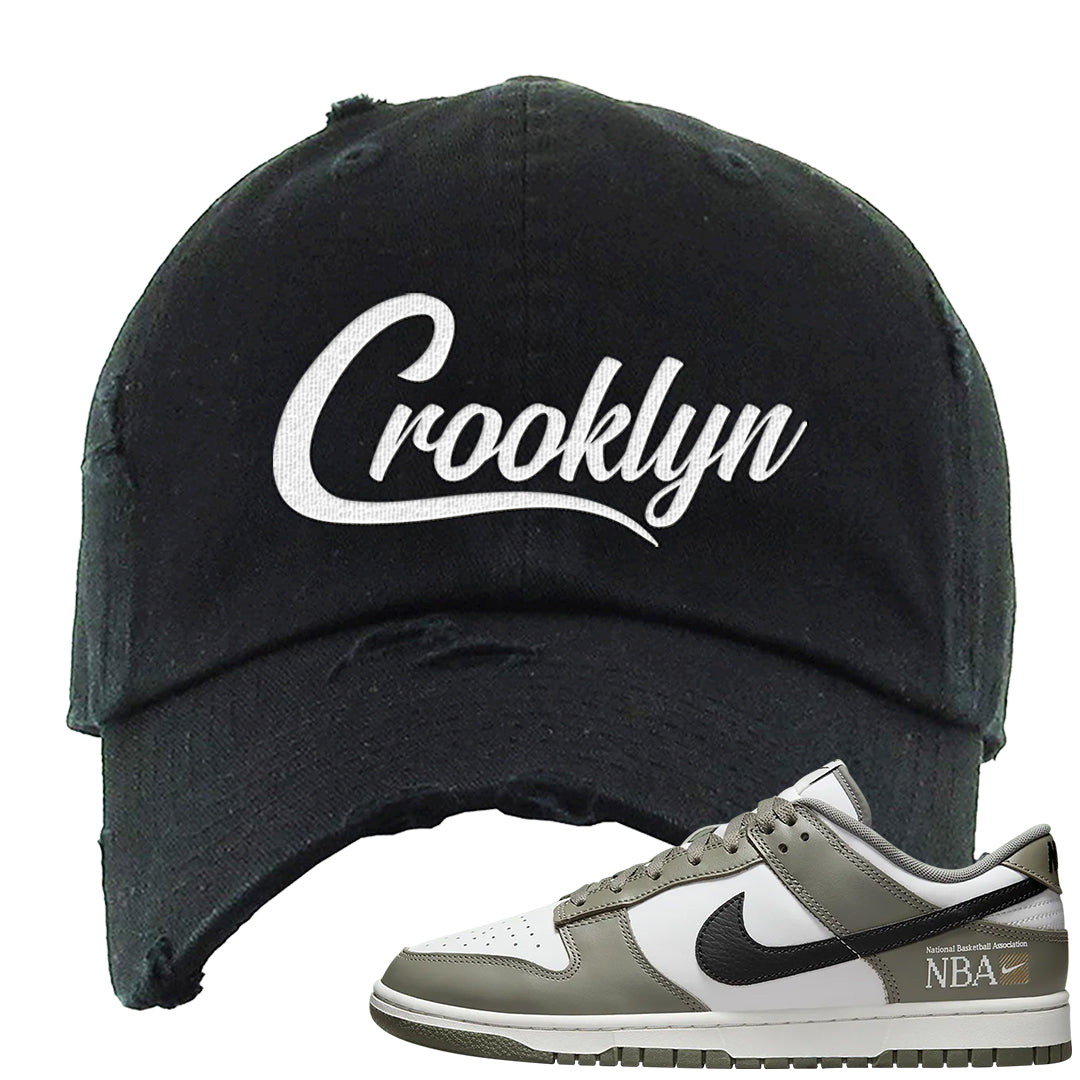 Muted Olive Grey Low Dunks Distressed Dad Hat | Crooklyn, Black