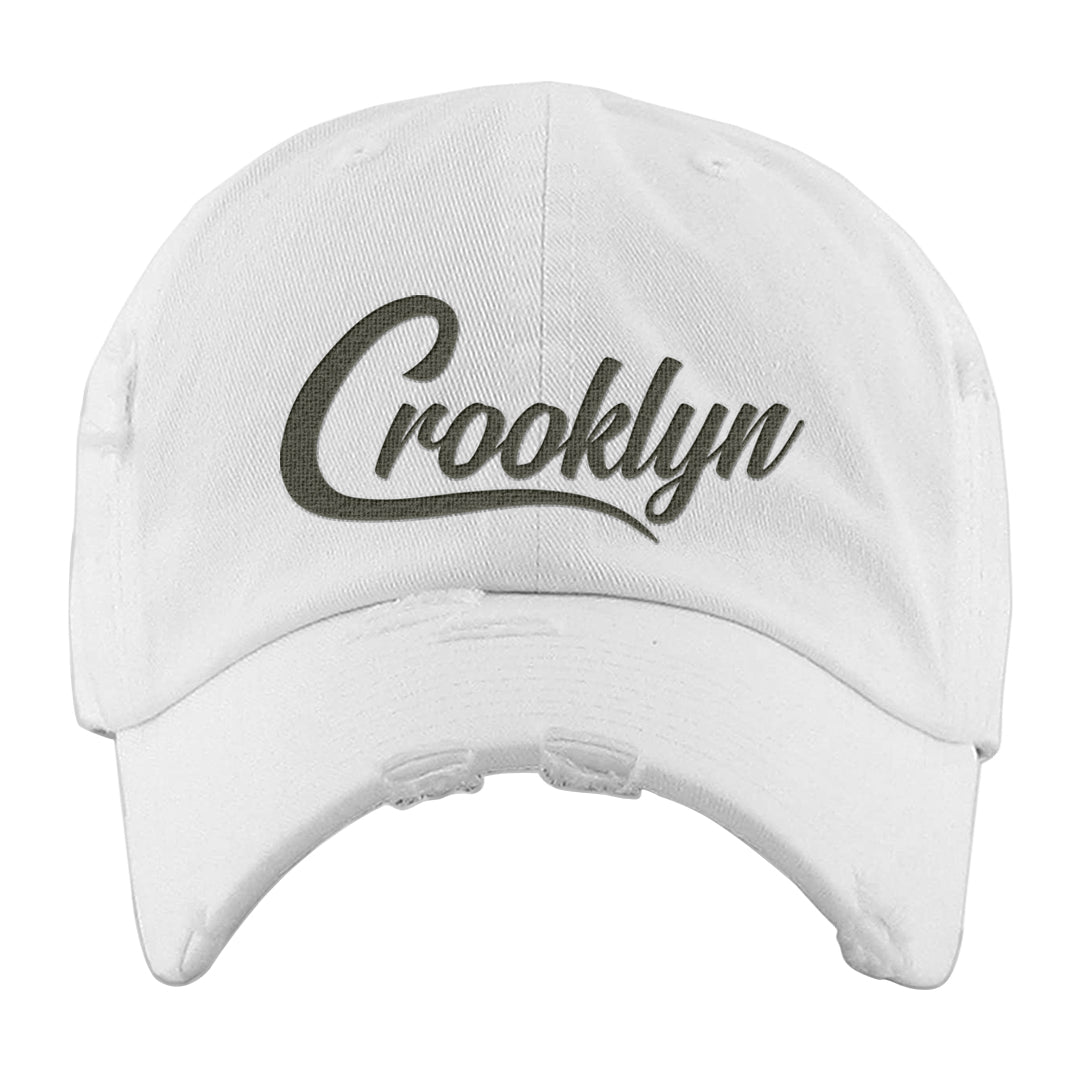 Muted Olive Grey Low Dunks Distressed Dad Hat | Crooklyn, White