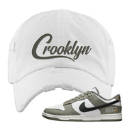 Muted Olive Grey Low Dunks Distressed Dad Hat | Crooklyn, White