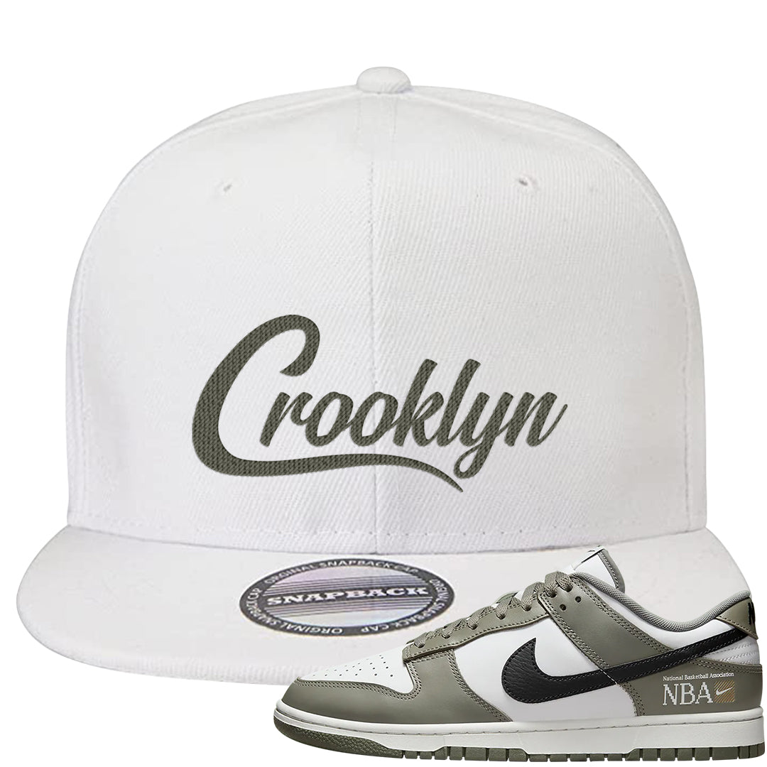 Muted Olive Grey Low Dunks Snapback Hat | Crooklyn, White