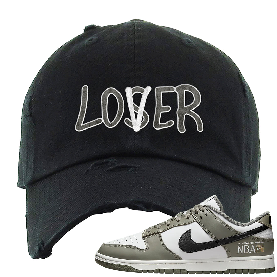 Muted Olive Grey Low Dunks Distressed Dad Hat | Lover, Black