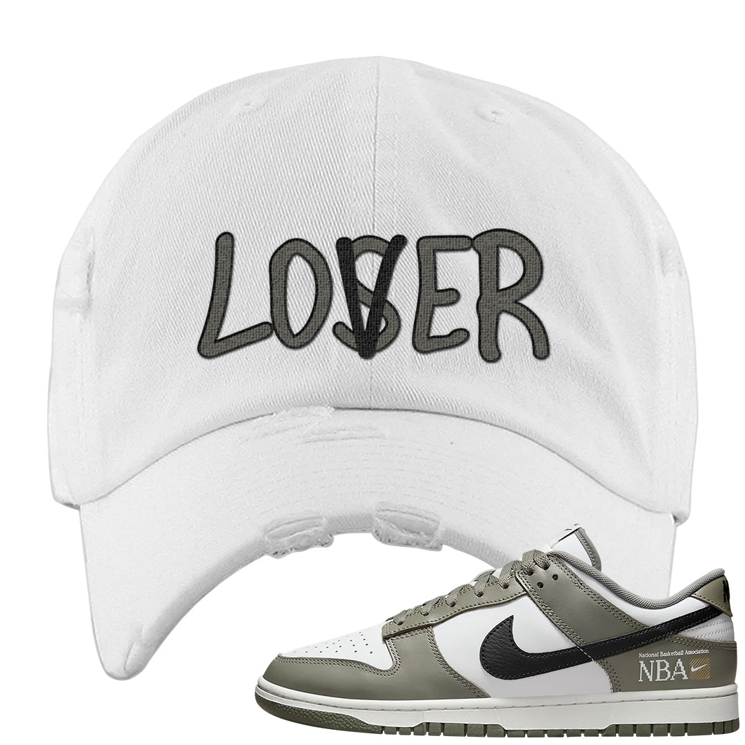 Muted Olive Grey Low Dunks Distressed Dad Hat | Lover, White