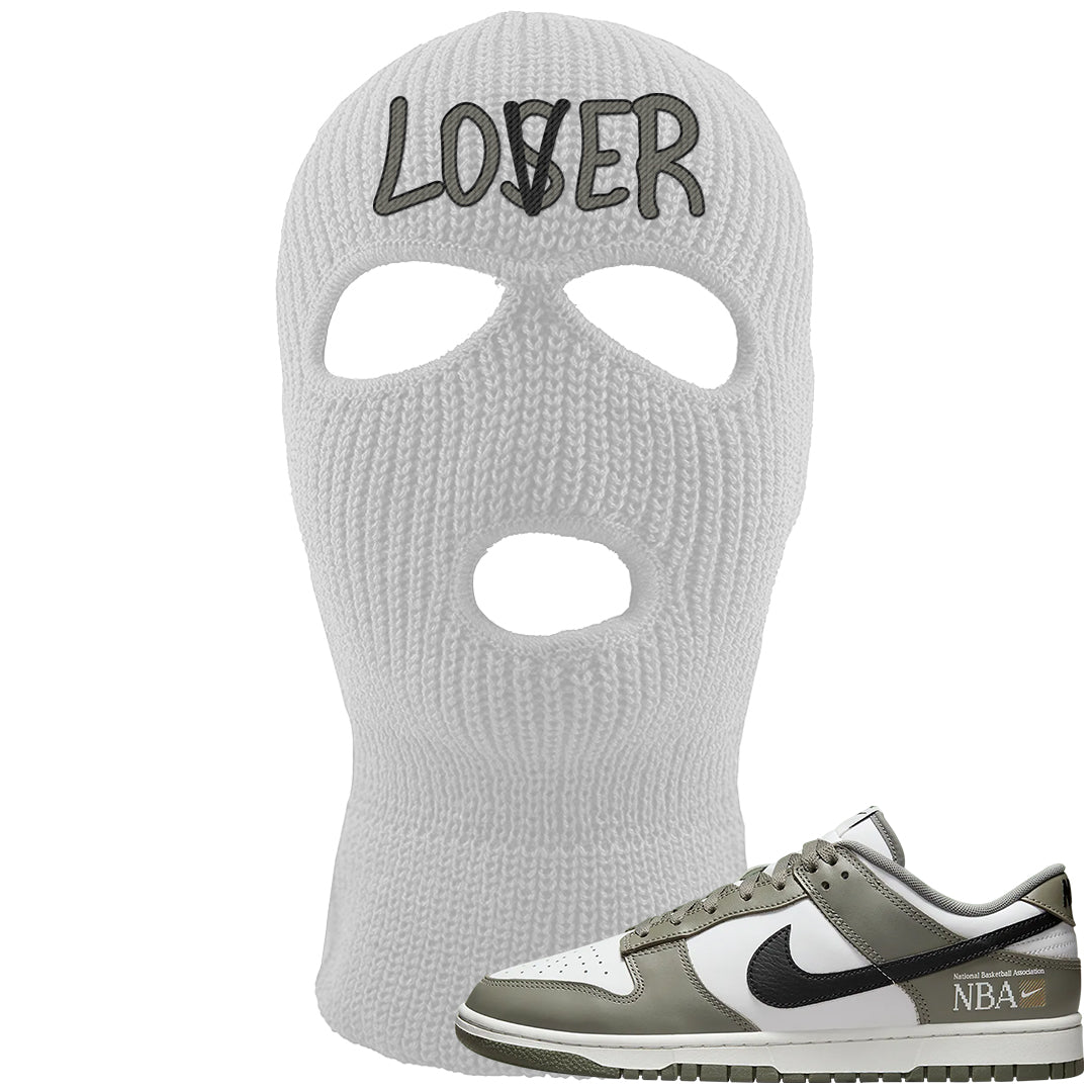 Muted Olive Grey Low Dunks Ski Mask | Lover, White