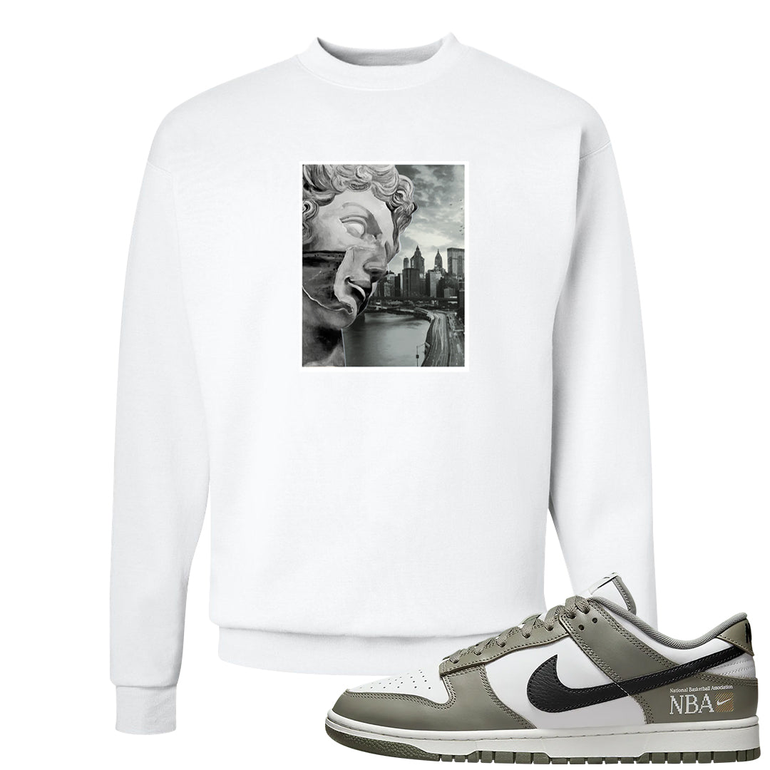 Muted Olive Grey Low Dunks Crewneck Sweatshirt | Miguel, White