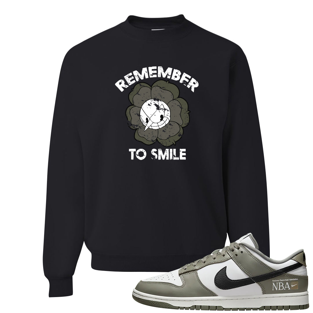 Muted Olive Grey Low Dunks Crewneck Sweatshirt | Remember To Smile, Black