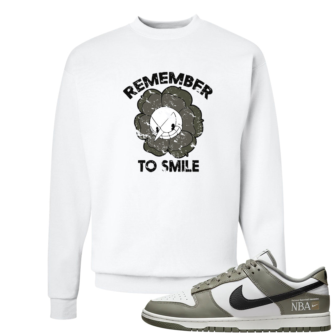 Muted Olive Grey Low Dunks Crewneck Sweatshirt | Remember To Smile, White