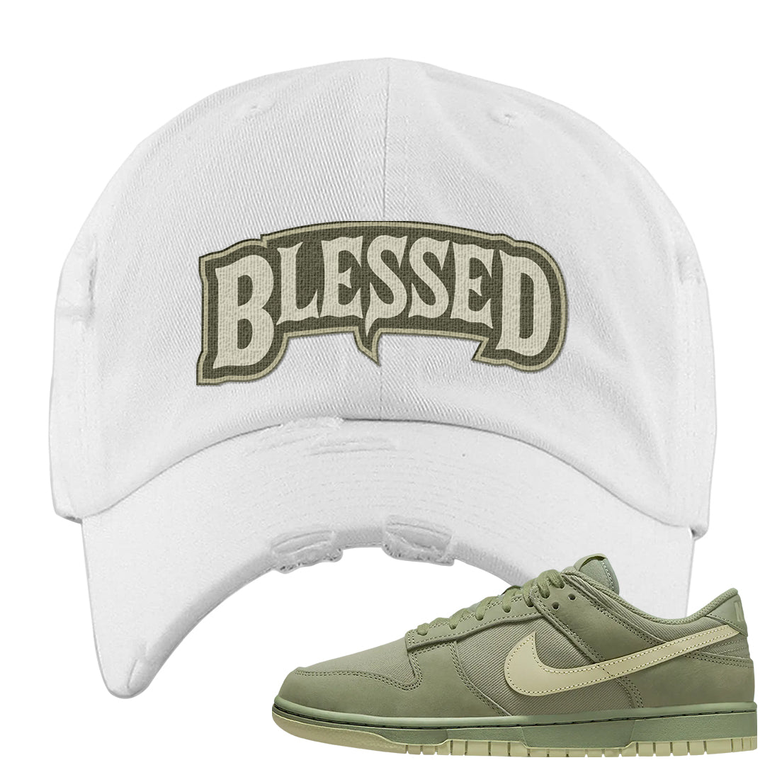 Oil Green Low Dunks Distressed Dad Hat | Blessed Arch, White