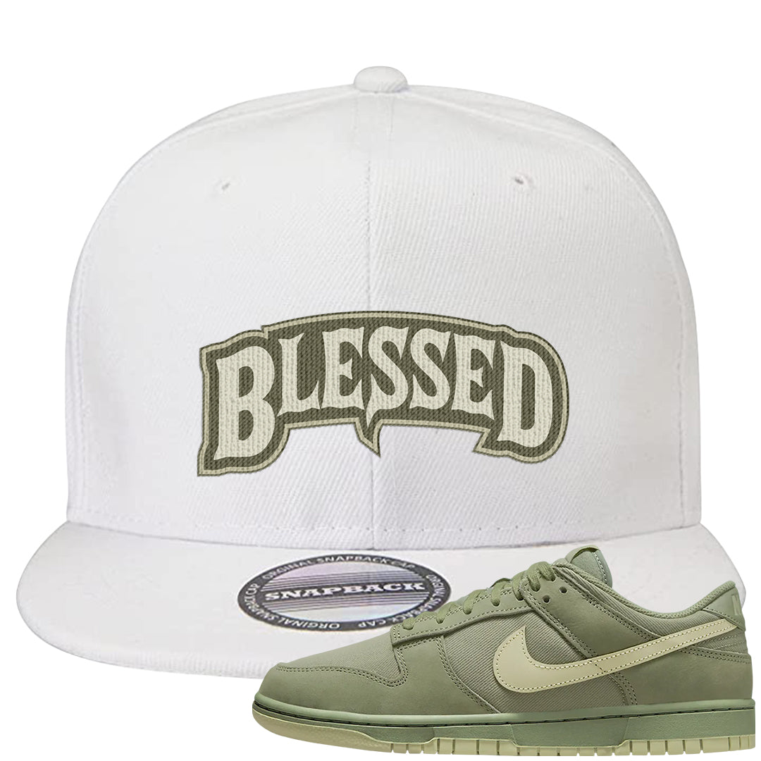 Oil Green Low Dunks Snapback Hat | Blessed Arch, White