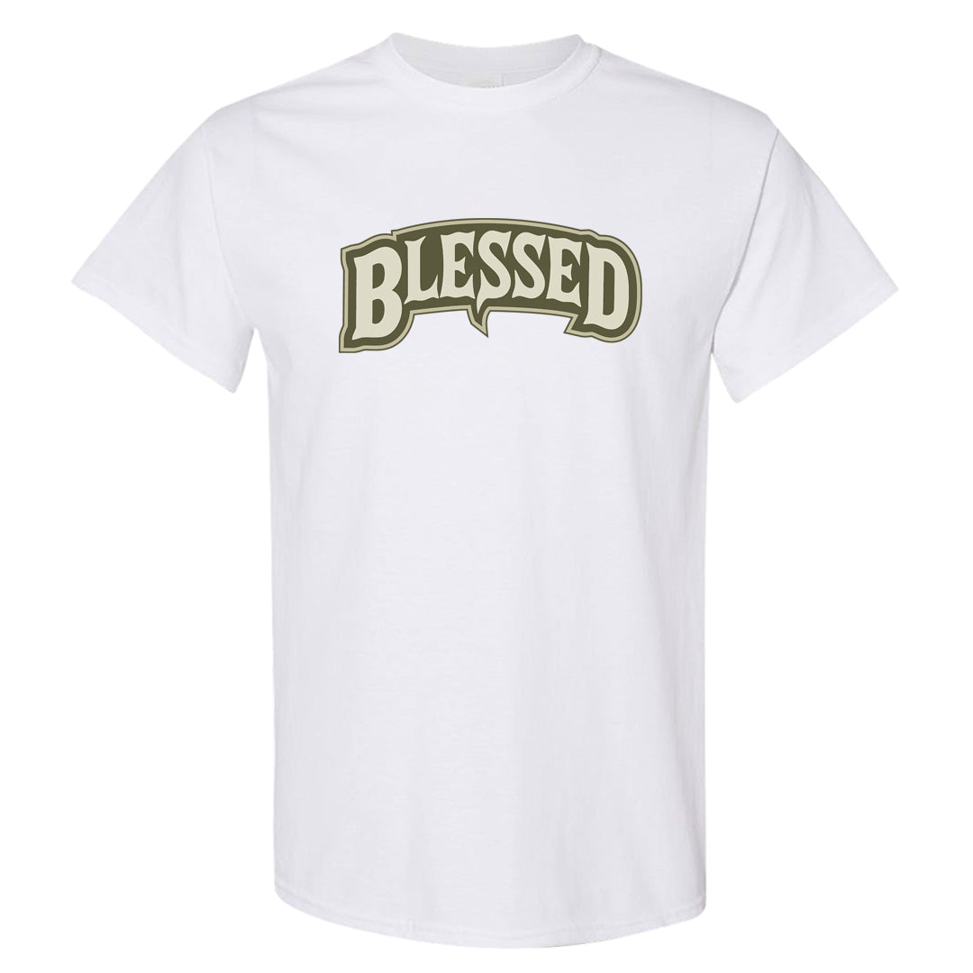 Oil Green Low Dunks T Shirt | Blessed Arch, White