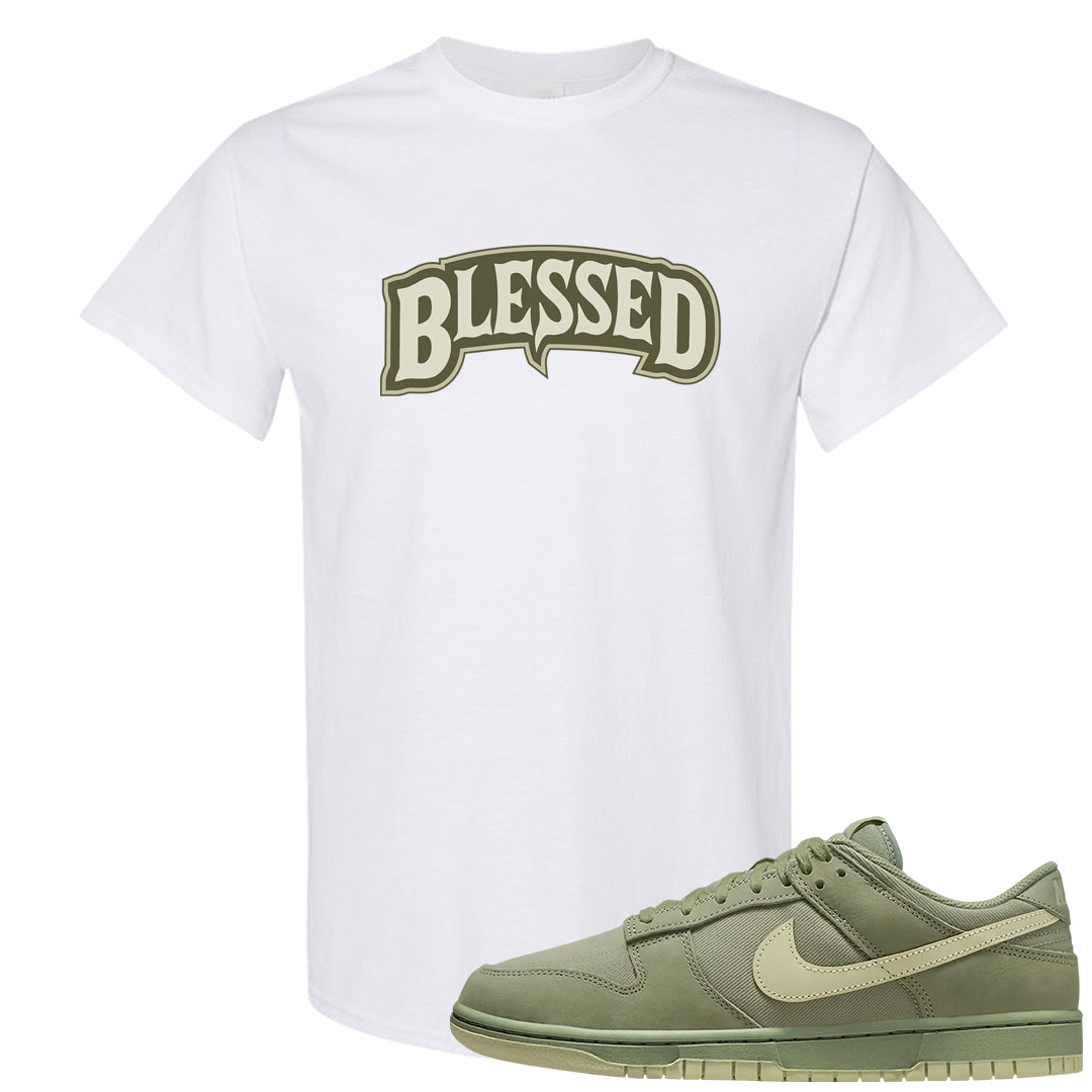 Oil Green Low Dunks T Shirt | Blessed Arch, White