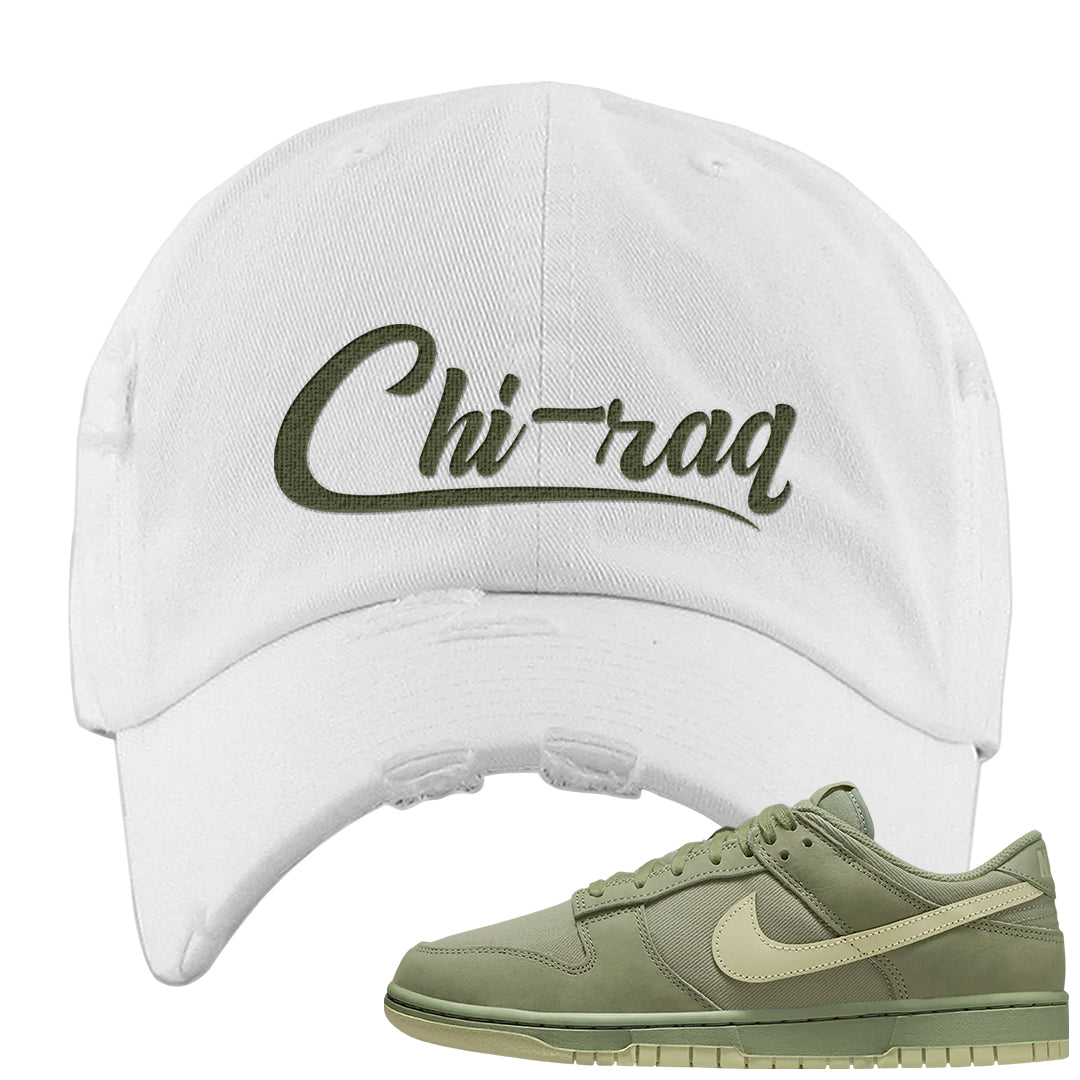 Oil Green Low Dunks Distressed Dad Hat | Chiraq, White