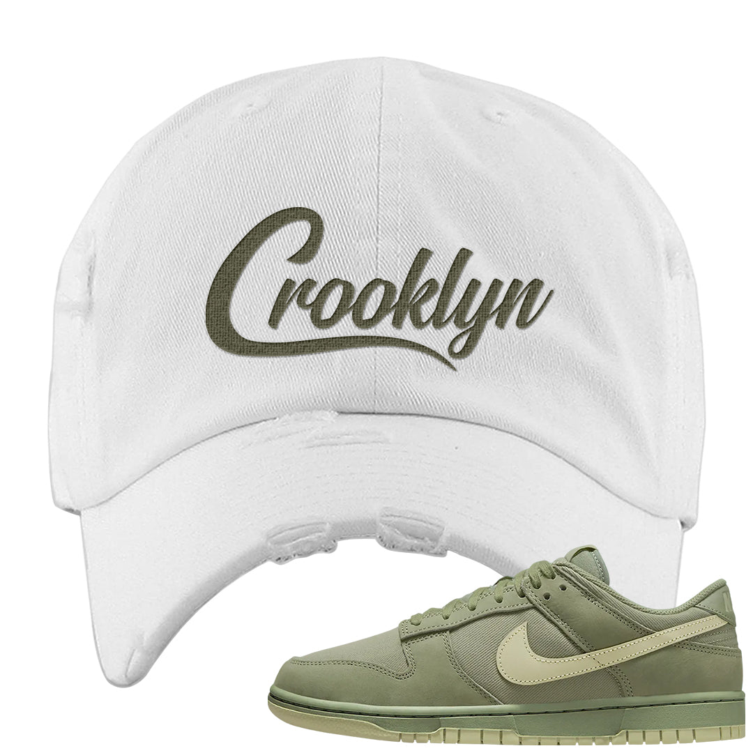 Oil Green Low Dunks Distressed Dad Hat | Crooklyn, White