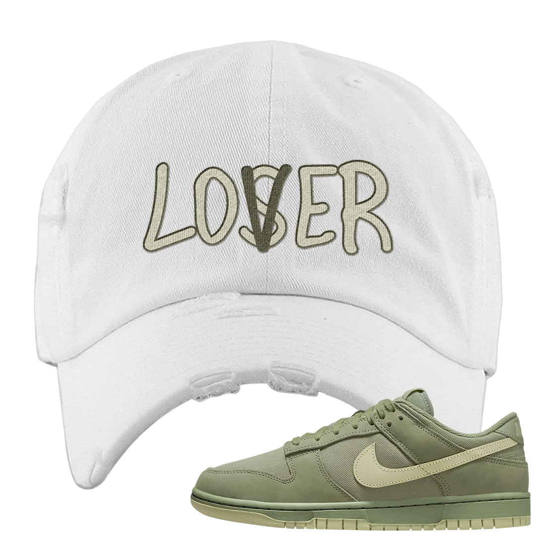 Oil Green Low Dunks Distressed Dad Hat | Lover, White