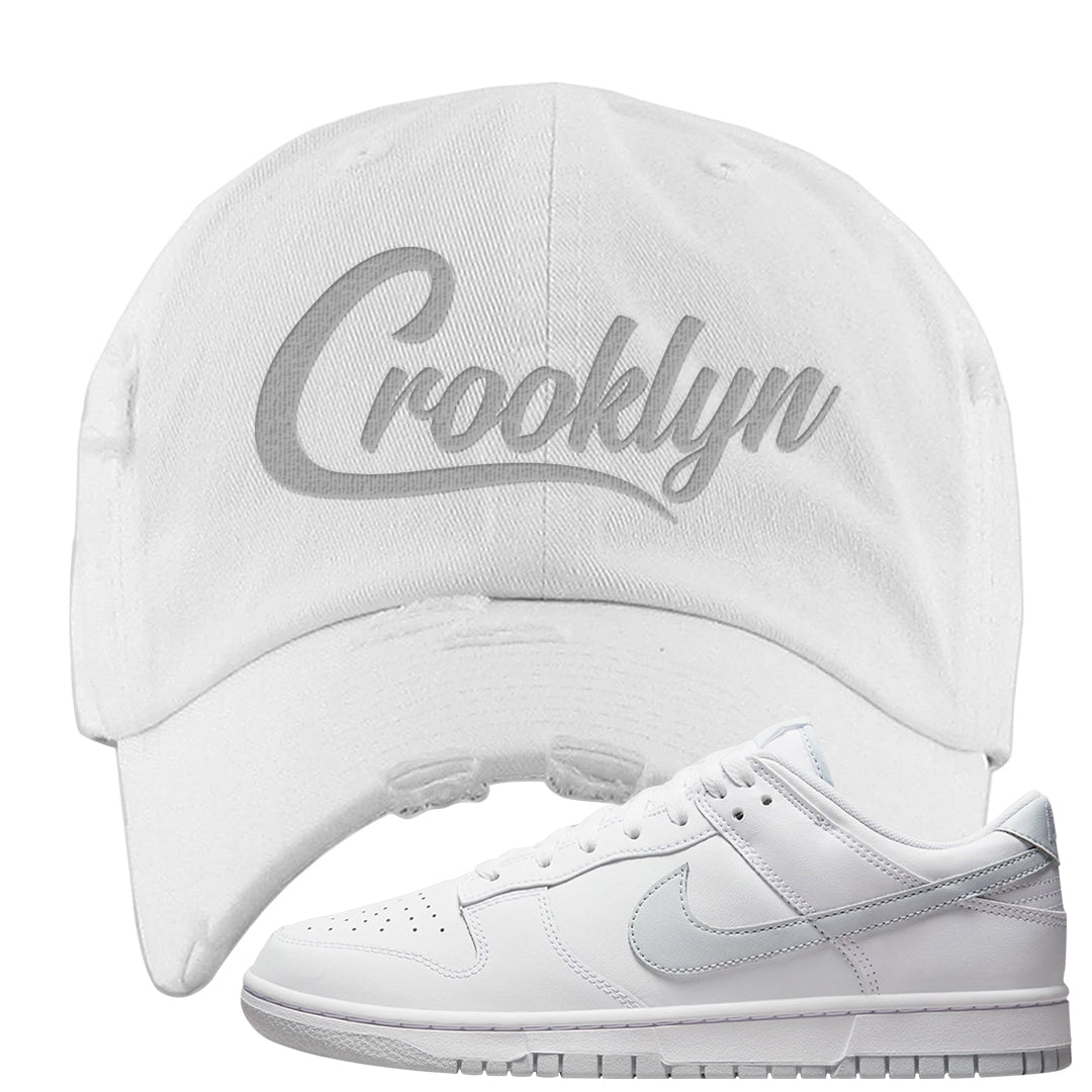 Pure Platinum Low Dunks Distressed Dad Hat | Crooklyn, White