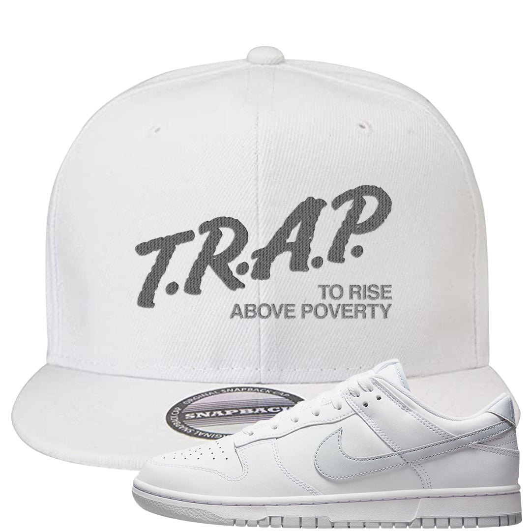 Pure Platinum Low Dunks Snapback Hat | Trap To Rise Above Poverty, White