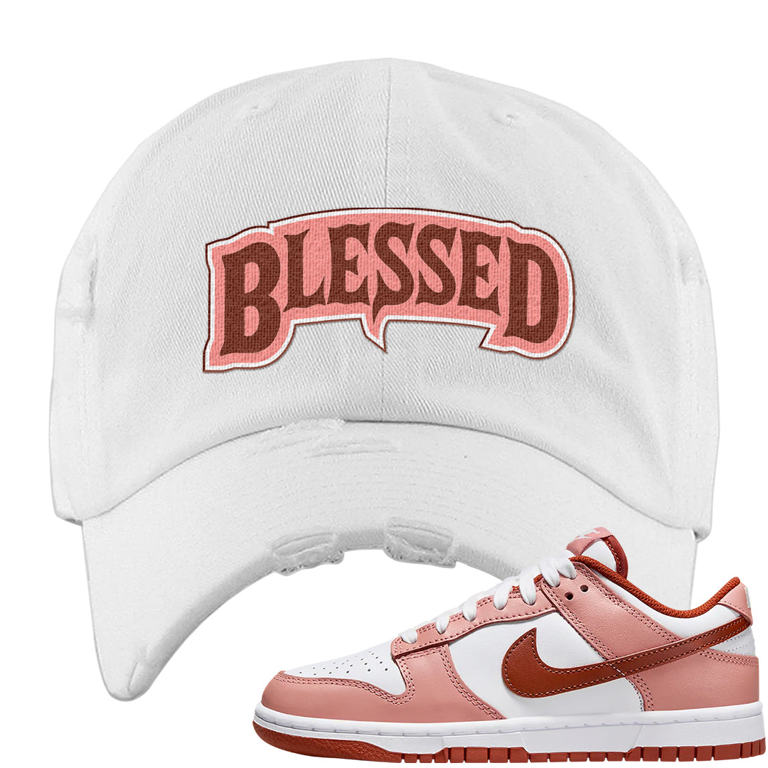 Red Stardust Low Dunks Distressed Dad Hat | Blessed Arch, White