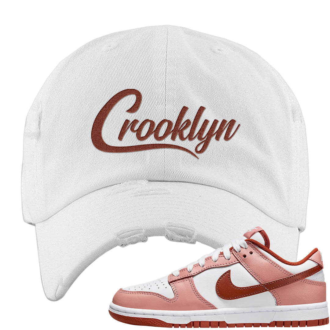Red Stardust Low Dunks Distressed Dad Hat | Crooklyn, White