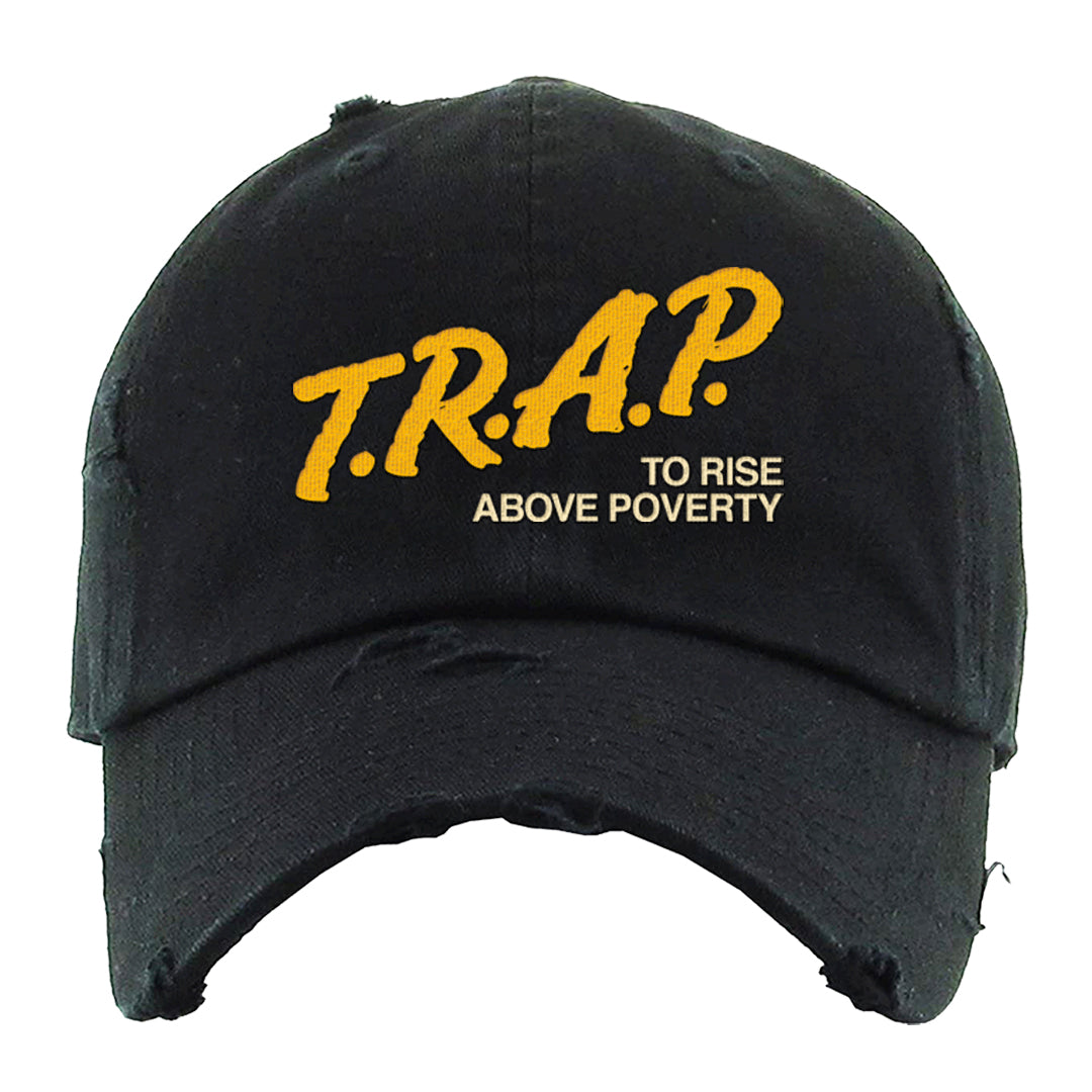 Vivid Sulfur Low Dunks Distressed Dad Hat | Trap To Rise Above Poverty, Black