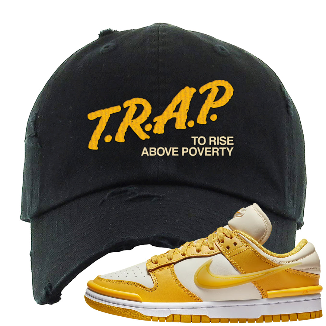 Vivid Sulfur Low Dunks Distressed Dad Hat | Trap To Rise Above Poverty, Black