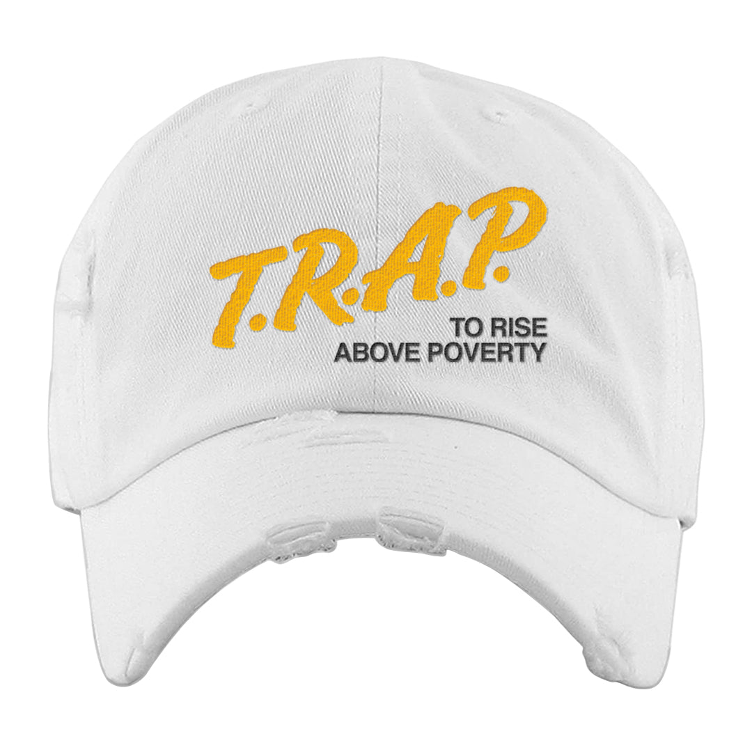 Vivid Sulfur Low Dunks Distressed Dad Hat | Trap To Rise Above Poverty, White