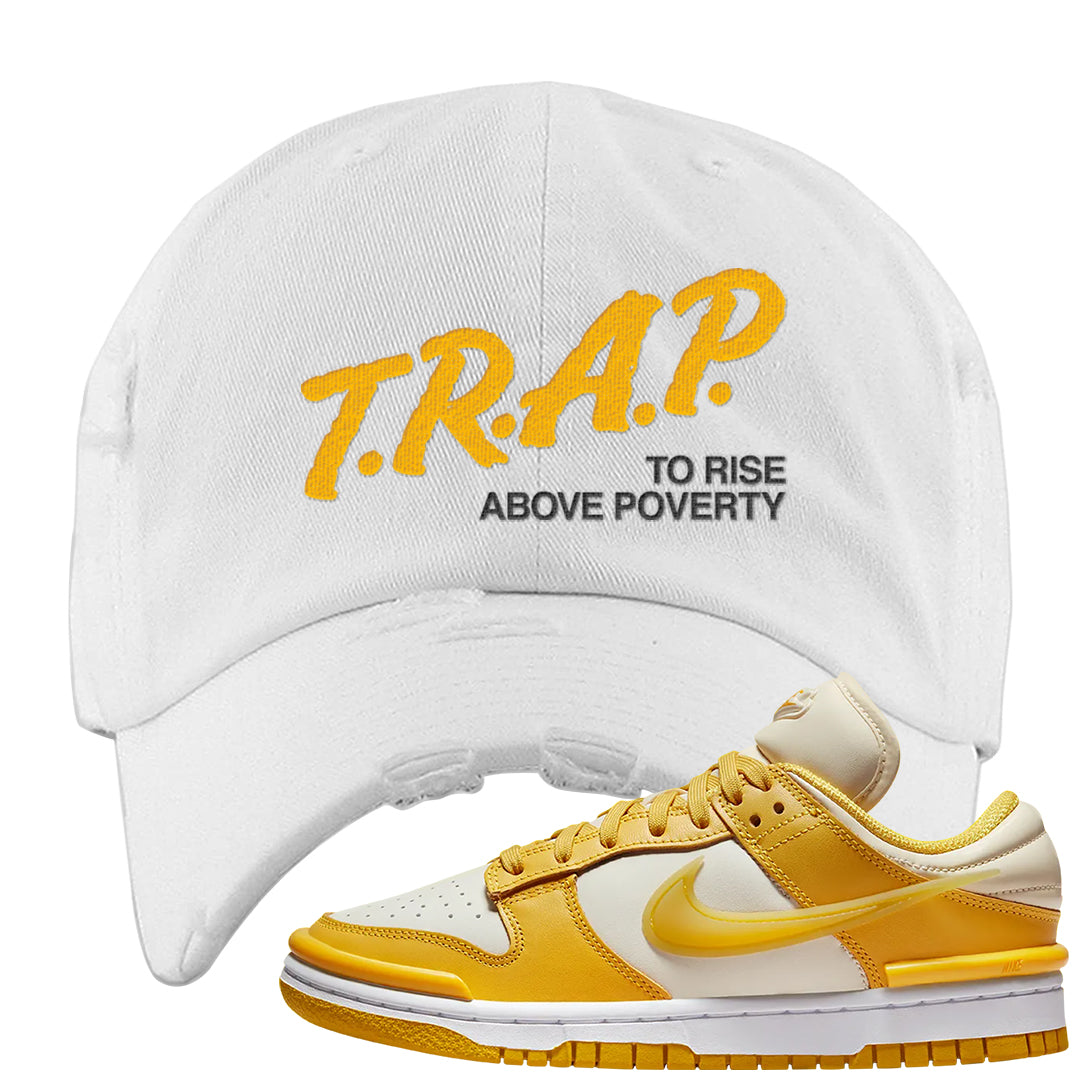Vivid Sulfur Low Dunks Distressed Dad Hat | Trap To Rise Above Poverty, White