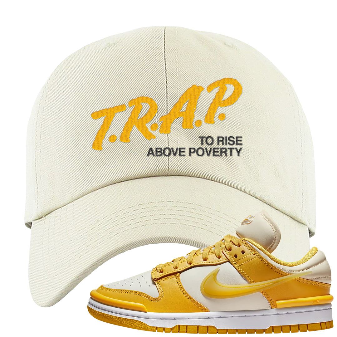 Vivid Sulfur Low Dunks Dad Hat | Trap To Rise Above Poverty, White