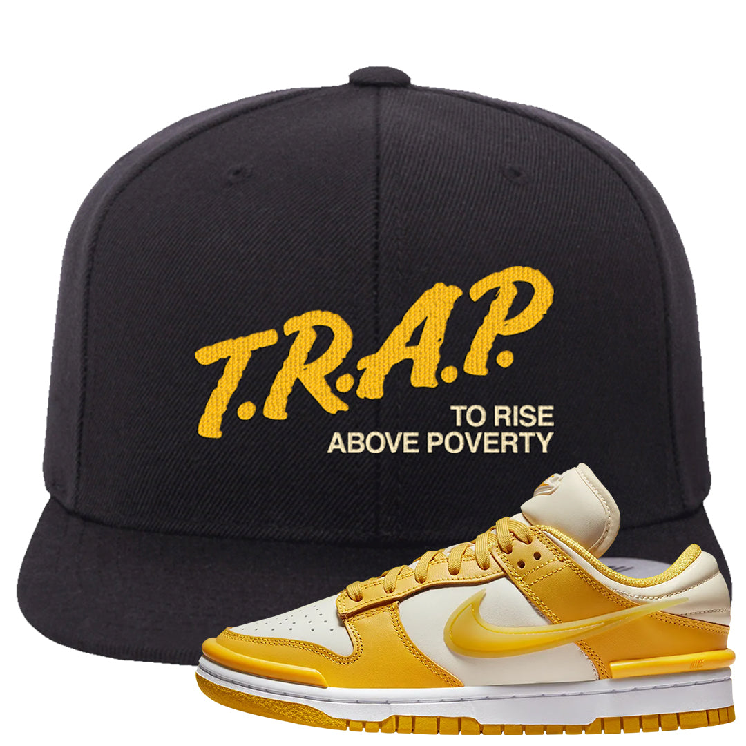 Vivid Sulfur Low Dunks Snapback Hat | Trap To Rise Above Poverty, Black