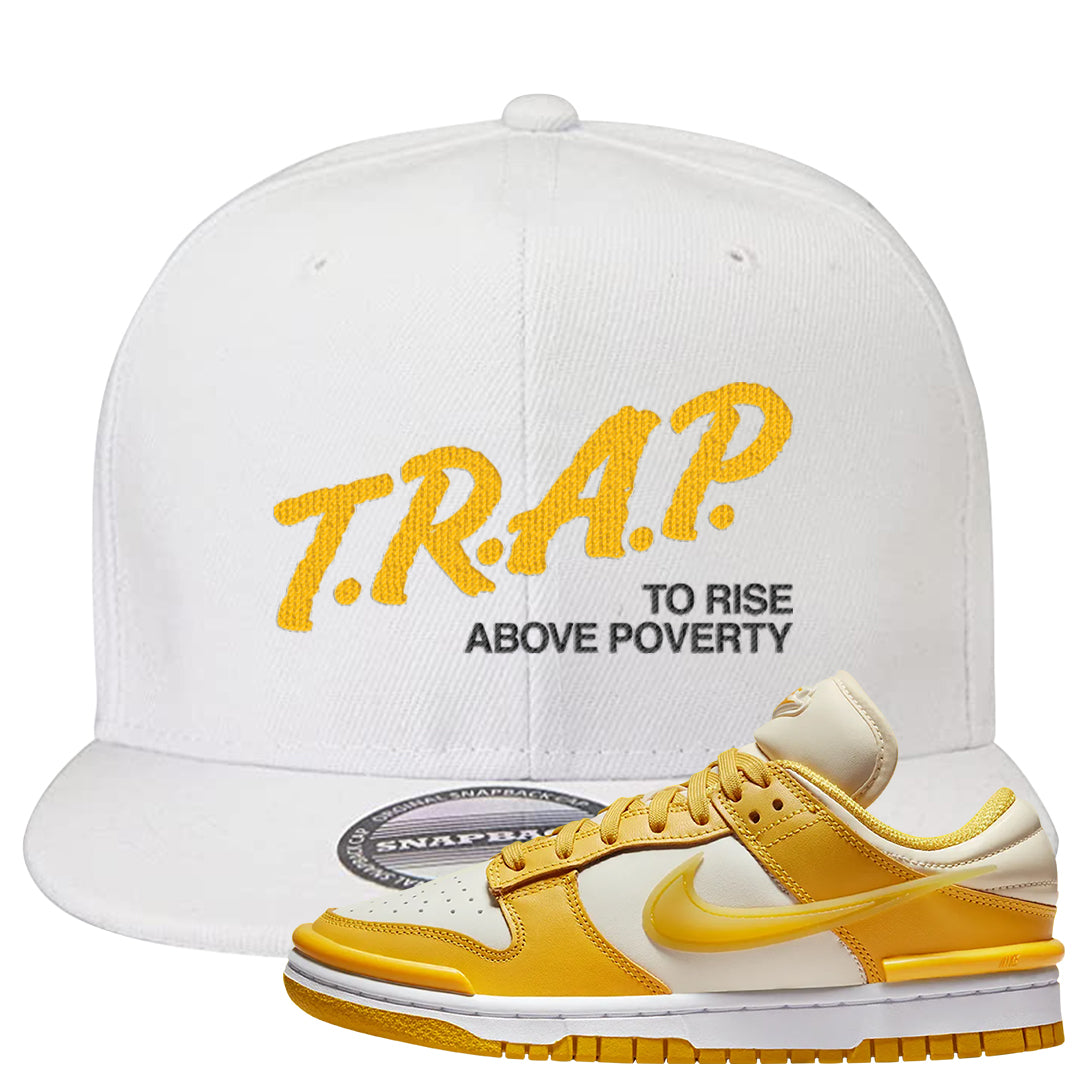 Vivid Sulfur Low Dunks Snapback Hat | Trap To Rise Above Poverty, White