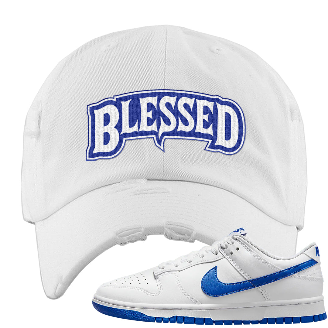 White Blue Low Dunks Distressed Dad Hat | Blessed Arch, White