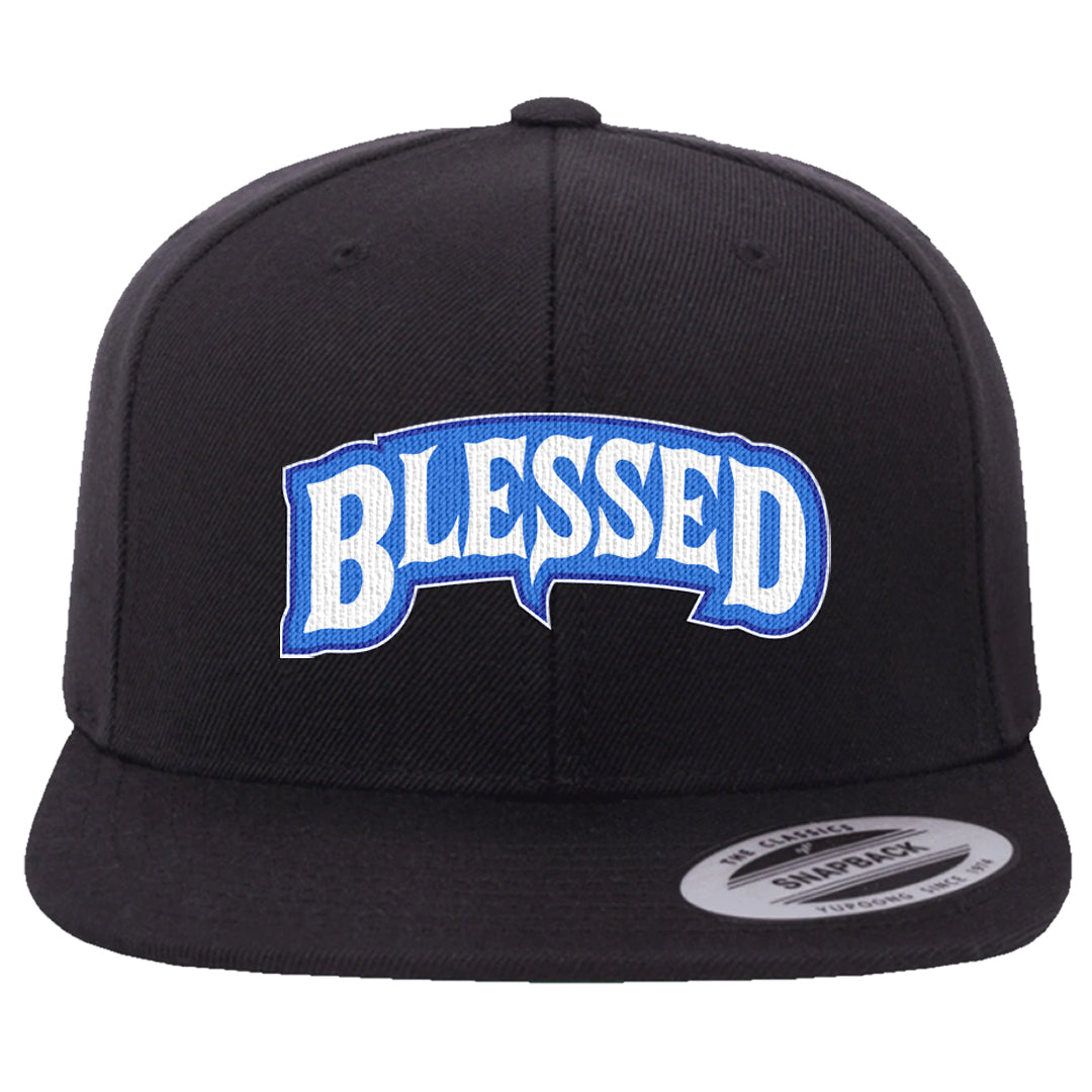 White Blue Low Dunks Snapback Hat | Blessed Arch, Black