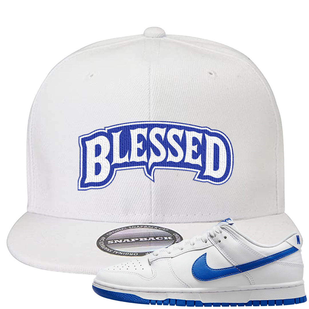 White Blue Low Dunks Snapback Hat | Blessed Arch, White