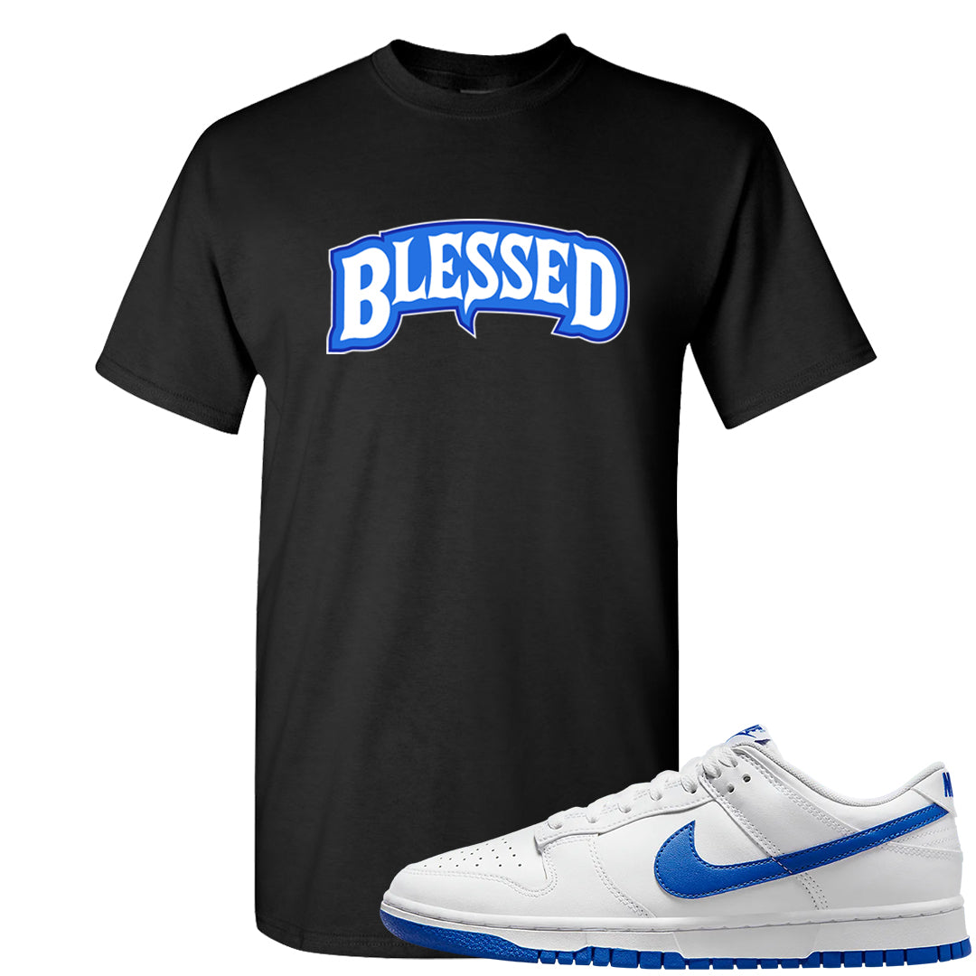 White Blue Low Dunks T Shirt | Blessed Arch, Black