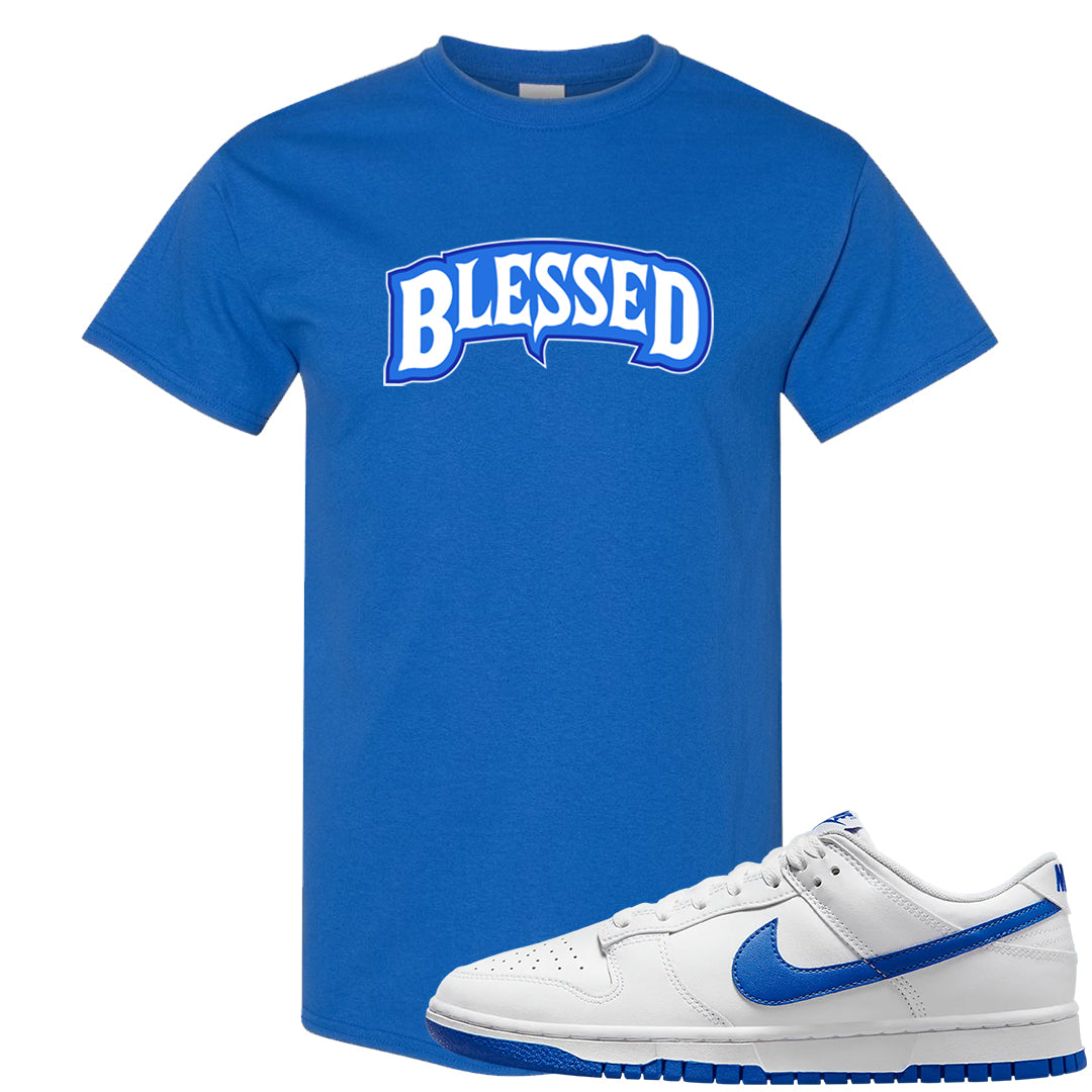 White Blue Low Dunks T Shirt | Blessed Arch, Royal