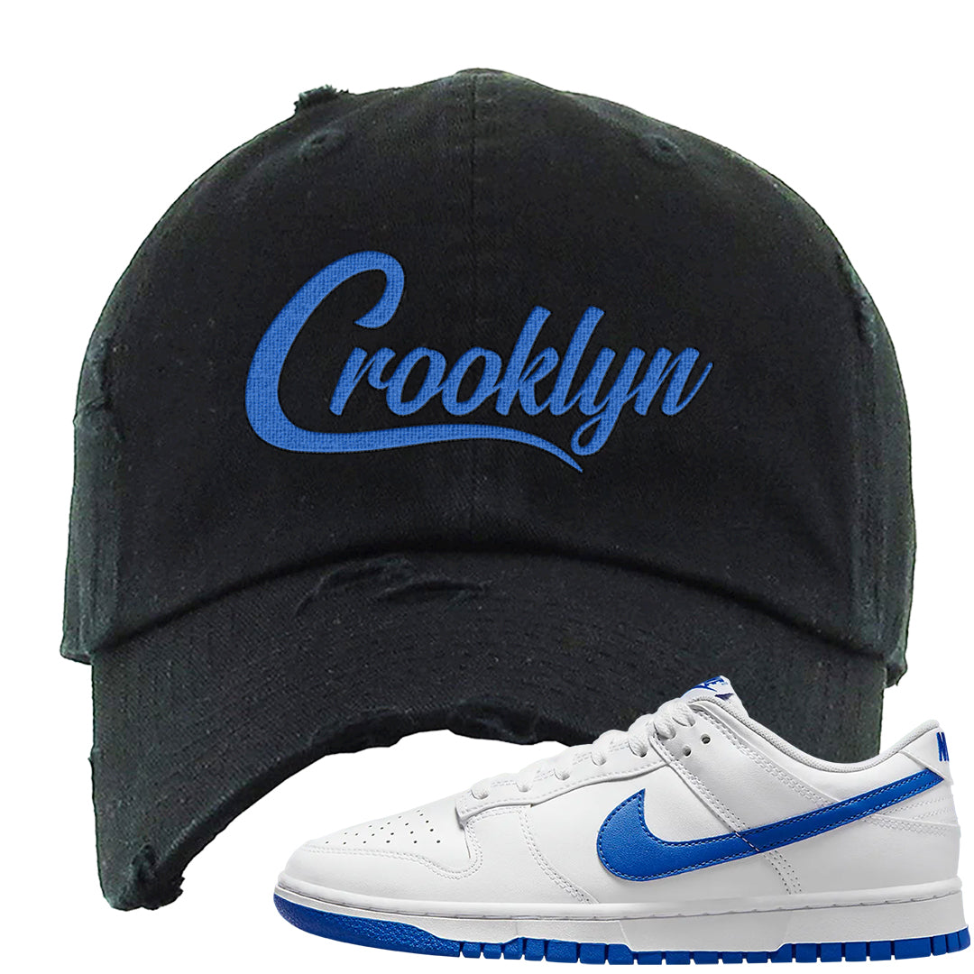White Blue Low Dunks Distressed Dad Hat | Crooklyn, Black