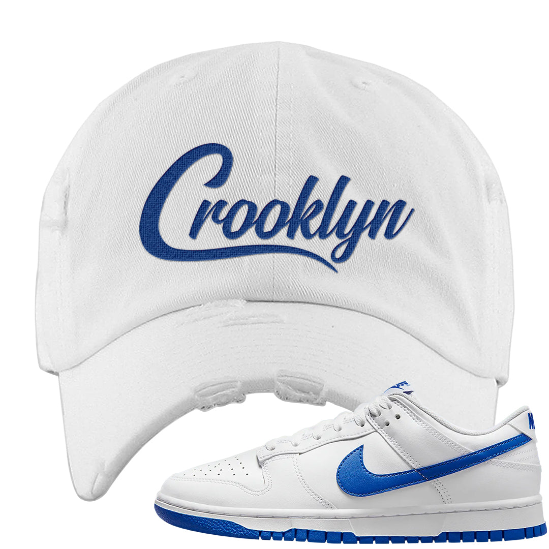 White Blue Low Dunks Distressed Dad Hat | Crooklyn, White