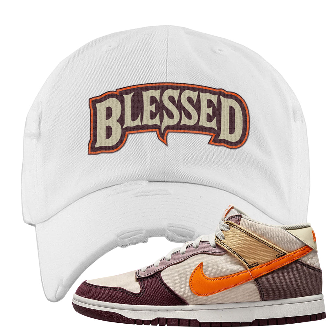 Coconut Milk Mid Dunks Distressed Dad Hat | Blessed Arch, White