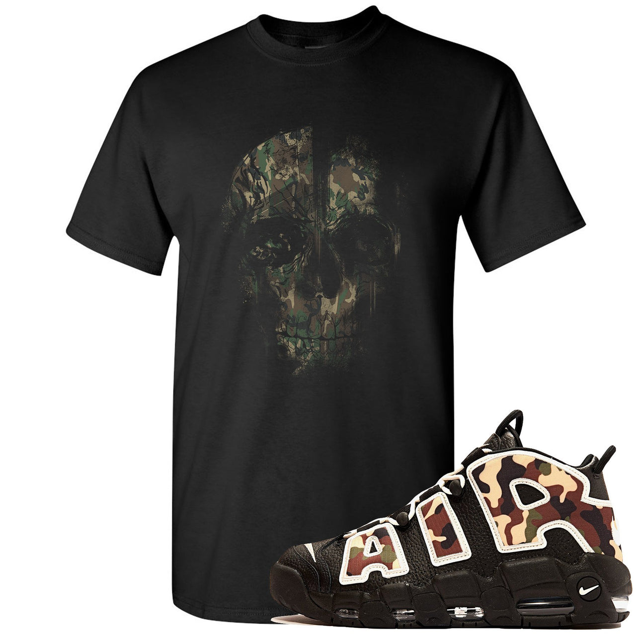 Camo Uptempos T Shirt | Camo Distressed Skull Head, Black